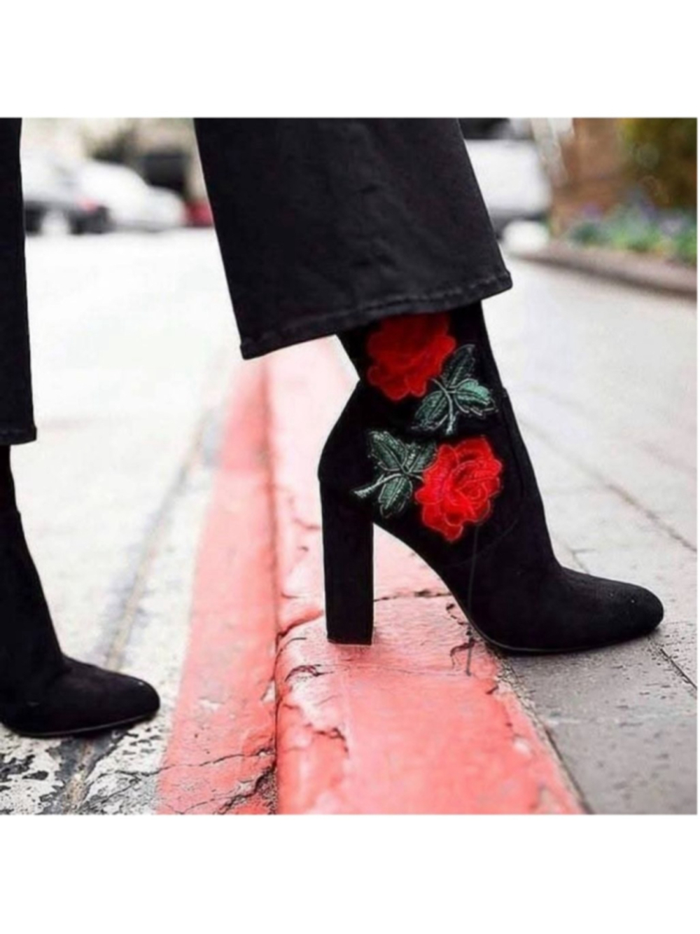 Black Suede Ankle Boots Featuring Red Rose Floral Embroidery Size 6.5 Womens